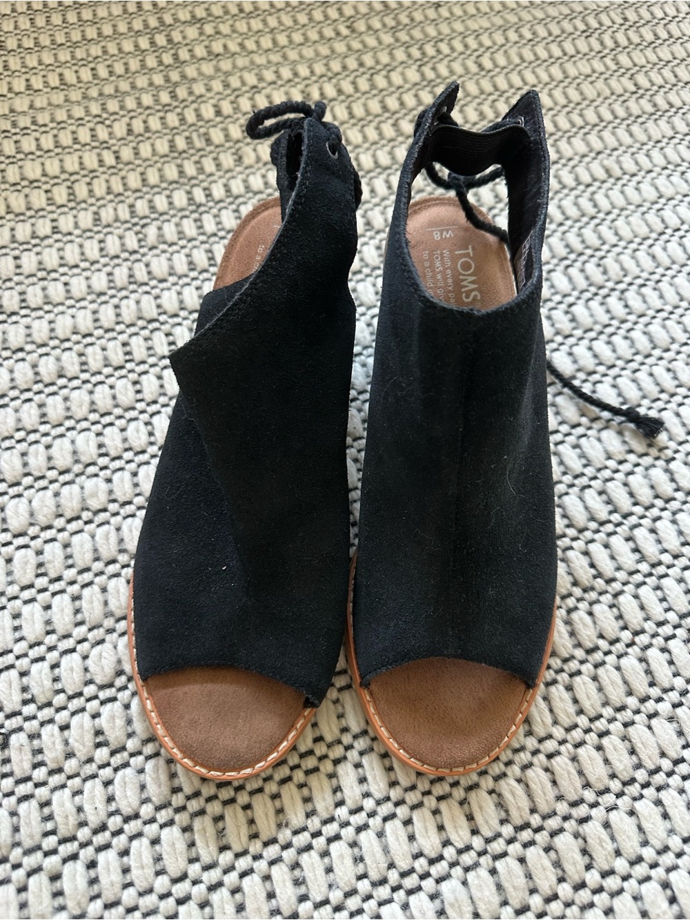 TOMS Black Suede Open-Toe Lace Back Sandals  with 3” wedge heel - Women's Size 8